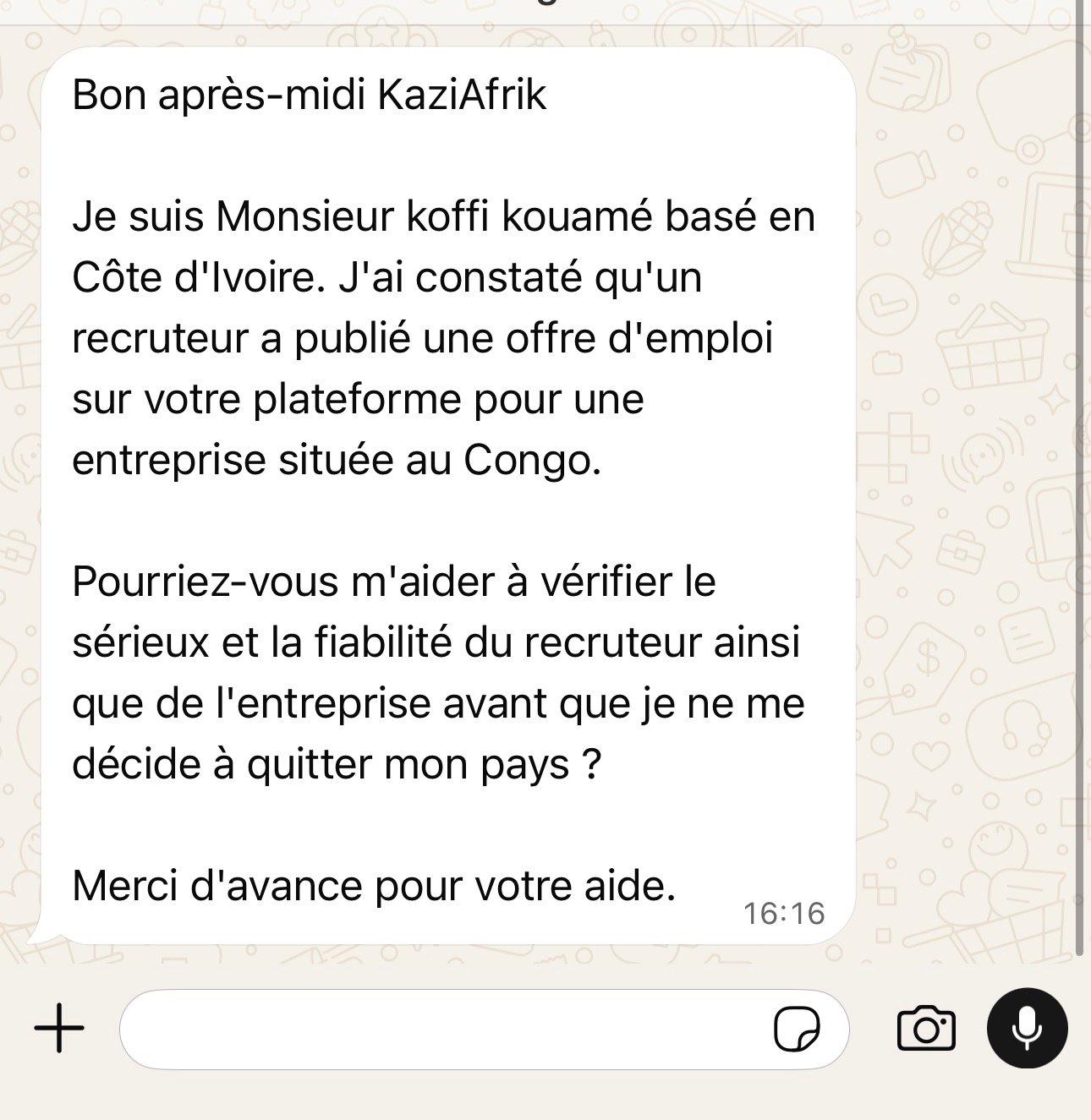 Capture d'écran preuve WhatsApp KAZI AFRIK 2